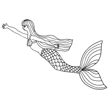 Cute doodle pretty mermaid swimming isolated on white background. Underwater creature. 