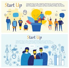Business startup work moments flat banner. New ideas, search for investor, increased profits. Vector illustration of a business situation.