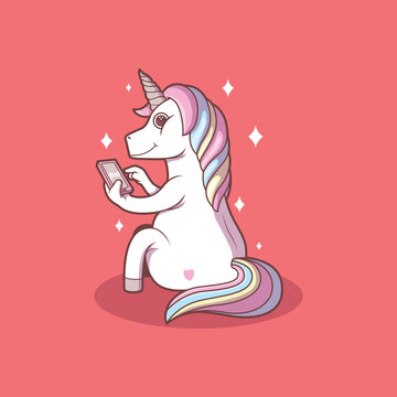 Cute Unicorn Character taking a selfie vector illustration. Social media, sharing, funny design concept.