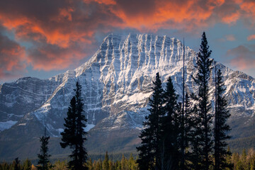 Snow capped peaks in the Canadian Rockies, viewed at sunset from the Icefields Parkway, which...