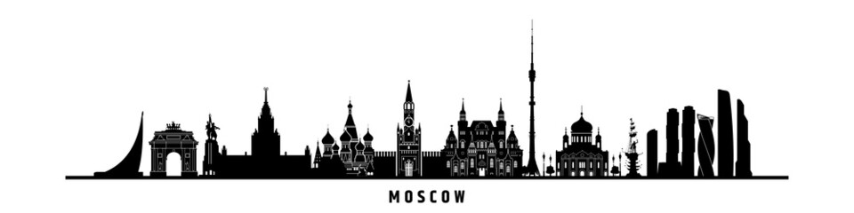 Moscow historical landmarks and skyscrapers black and white silhouette vector illustration.