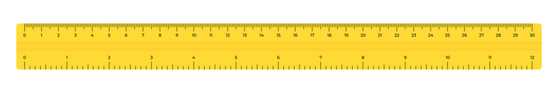 Vector illustration yellow plastic tape ruler 30 cm and 12 inches isolated on white background. Realistic school measuring ruler in flat style. Double sided measurement in centimeter and inch.
