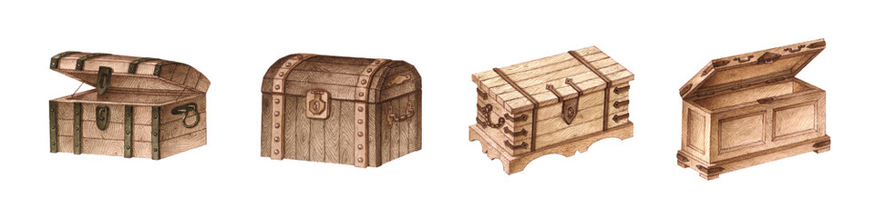 An isolated watercolor illustration of a group of four vintage chests with a real watercolor paper texture as an element for design of text, labels, greeting and invitation cards
