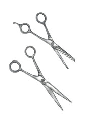 An isolated watercolor illustration of a group of two pairs of metal hairdressing scissors with a real watercolor paper texture for design of text, labels, greeting and invitation cards