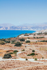 Crete coast, Kommos beach, dried fields, Greece. Historic Sites. Popular tourist destination