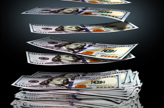 Leviating, flying, falling bundle of dollar money cash. Currency banknotes. The concept of a successful money story, start-up, loan, winning