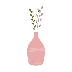 Wild garden blooming flowers in ceramic vase. Home decor in simple scandinavian style. Botanical illustration.