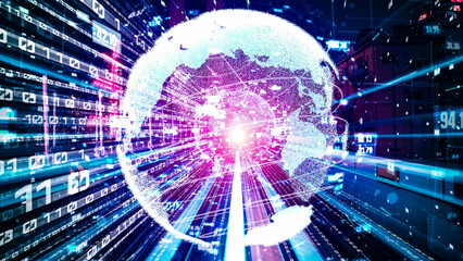 Futuristic global network and tacit digital data transfer 3D graphic . Concept of smart digital transformation and technology disruption that changes global trends in new information era .