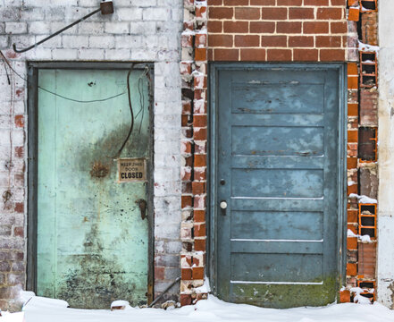 Two Different Doors Side By Side, Idea Of Two Different Sides, Perspectives, Construction Site After Demolition, Building , Brick Wall, Textured Backgrounds.