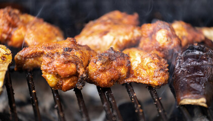 Grilled fresh meat. Close-up of a hot grill with meat.