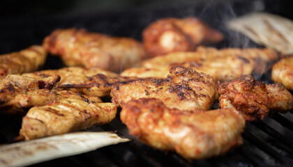 Grilled fresh meat. Close-up of a hot grill with meat.