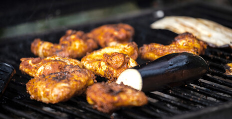 Grilled fresh meat. Close-up of a hot grill with meat.
