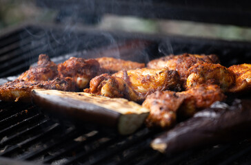 Grilled fresh meat. Close-up of a hot grill with meat.