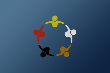 Teamwork and Diversity concept. People of various colors of skin standing in a circle, holding hands symbolizing teamwork, diversity, unity., productivity