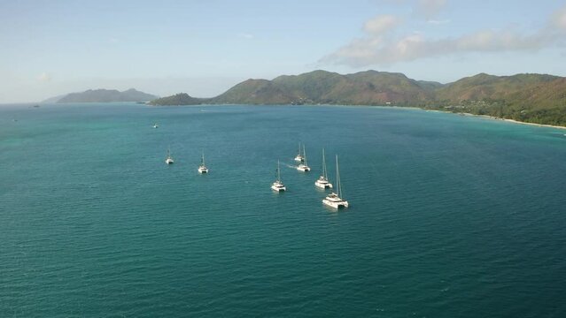 Aerial view: yachts lined up in a wedge, yachting, sailing
