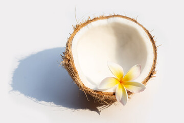 Half coconut with plumeria flower