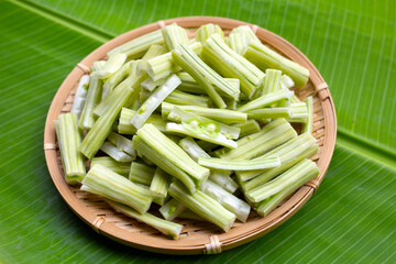 Moringa oleifera in bamboo basket on banana leaf