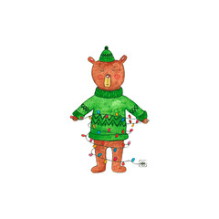 christmas bear watercolor illustration