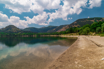 Crater lake in Golcuk Isparta/Turkey. Reflection of blue sky lake, spring 