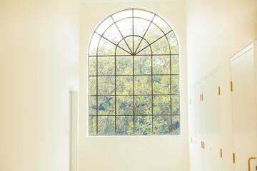 白い壁と開放的な緑の映る窓 - obrazy, fototapety, plakaty