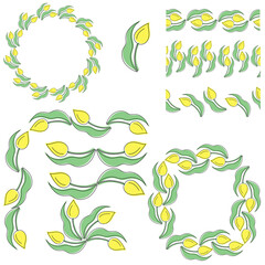 Set of dividers, borders and frames of yellow doodle tulips for design