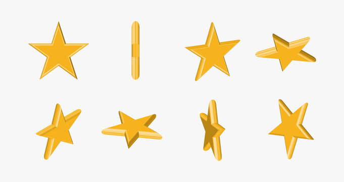Star of different shapes, bright yellow color. Realistic 3d design of the object. Customer rating feedback concept from customer about employee of website. For mobile apps. Vector illustration.