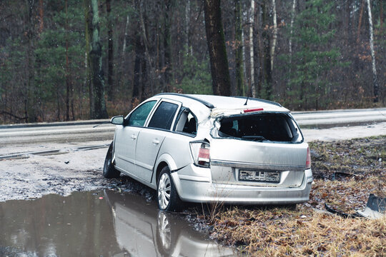 Disastrous family suv at countryside Poland woods . High quality photo