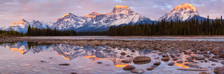 Mount Fryatt and Whirlpool Peak with the Athabasca River at sunrise, Jasper National Park