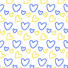 Ukrainian seamless pattern with yellow blue hearts on white background. Textile print. Lovely background