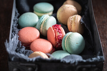 Delicious and sweet macaroons made of meringues and creams.