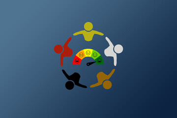 Teamwork and Diversity concept. People of various colors of skin standing in a circle holding hands. Satisfaction indicator in the center.