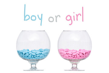 Boy or Girl concept Confetto chocolate , almond candies, pink and blue almond sweets 