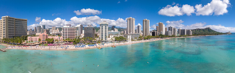 Fototapeta na wymiar Waikiki beach in Hawaii aerial view of beach and hotels panorama