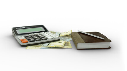 3D rendering of an isolated composition of 5000 Albanian lek notes, a calculator, a note book and a pen. front view - Powered by Adobe