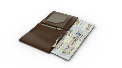 3D rendering of 2000 Algerian Dinar notes in wallet