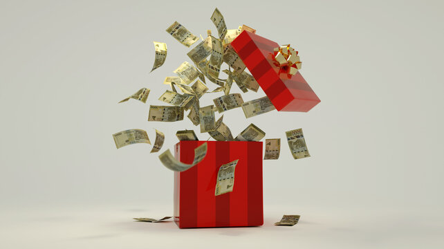 3D rendering of A lot of 5000 Albanian lek notes coming out of an opened red gift box