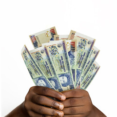 hands holding 3D rendered Belize dollar notes. closeup of Hands holding Belize currency notes
