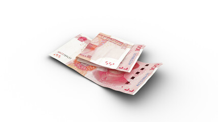 3D rendering of Double 100 Chinese Yuan notes with shadows on white background