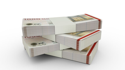 3d rendering of Stack of 1000 Danish krone notes. Few bundles of Danish currency isolated on white background