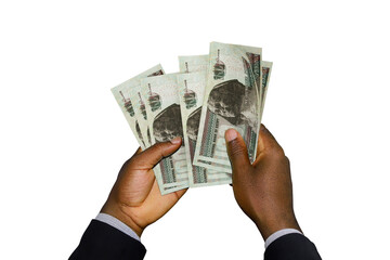 Black Hands in suit holding 3D rendered Egyptian pound notes - obrazy, fototapety, plakaty