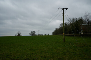 Fototapeta na wymiar telegraph wire and poles in green field and dark overcast day