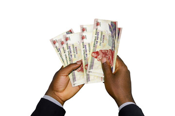 Black Hands in suit holding 3D rendered 200 Egyptian pound notes - obrazy, fototapety, plakaty