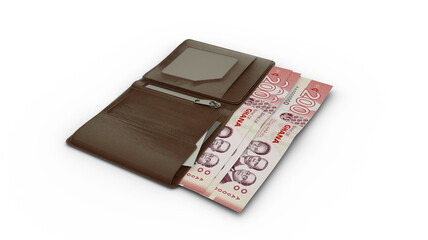 3D rendering of Ghanaian cedi notes in wallet