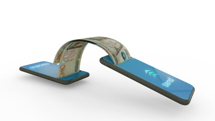 3D rendering of Guatemalan quetzal notes transferring from one phone to another. mobile money transaction concept