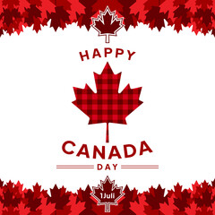 Canada Day greeting card background - with red checkered pattern. Red Happy Canada Day Canadian maple leaf July 1 greeting card vector