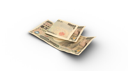 3D rendering of Double 10000 Japanese Yen notes with shadows on white background