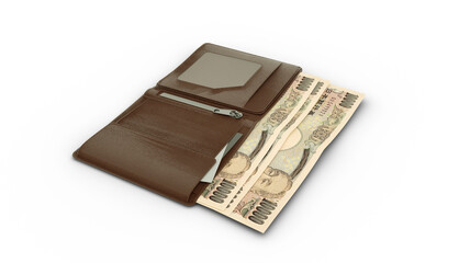 3D rendering of Japanese yen notes in wallet