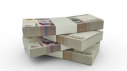 3d rendering of Stack of Russian ruble notes. Few bundles of Russian currency isolated on white background