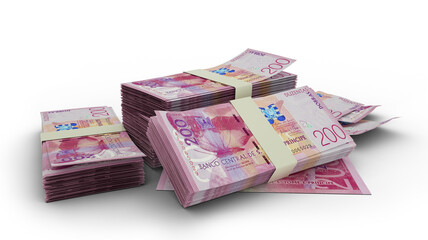 3D rendering of Stack of São Tomé and Príncipe dobra notes isolated on white background. Sao Tome and Principe