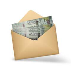 Saudi Arabian riyal notes inside an open brown envelope. 3D illustration of money in an open envelope